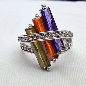 Vintage Eighties Silvertone Three Stone Colorful Costume / Fantasy Ring Size 5